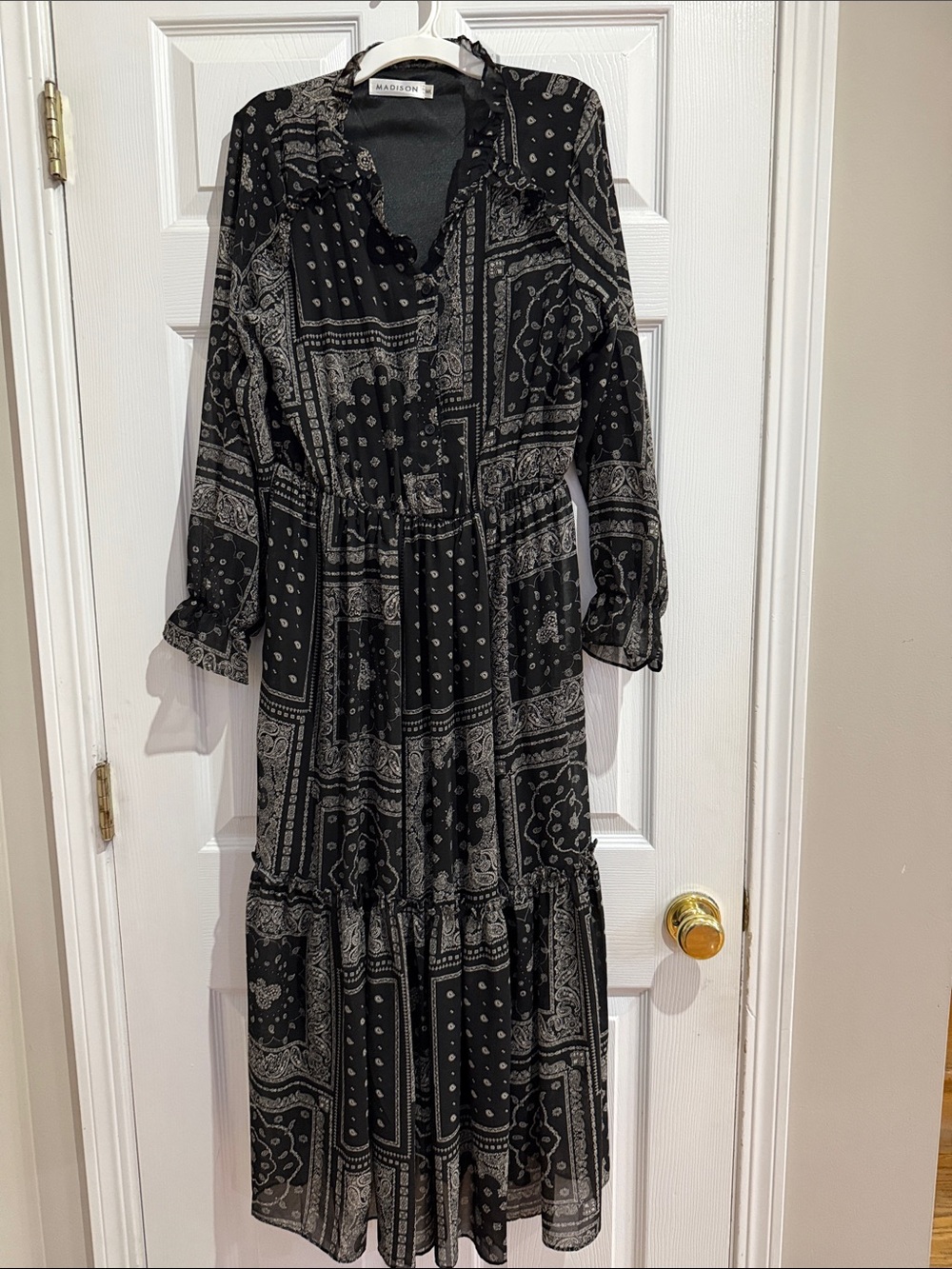 Madison Black Paisley Tiered Maxi Dress with Long Sleeves